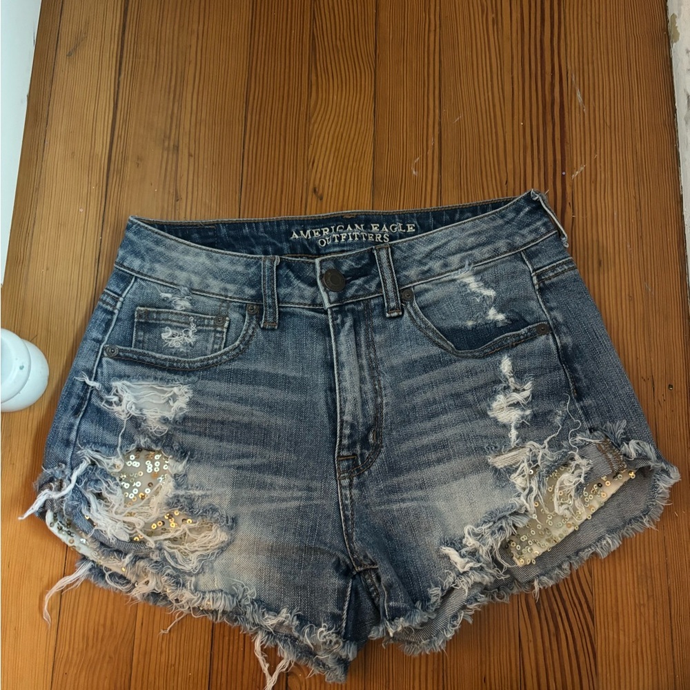 American Eagle Outfitters Blue Distressed Jean Shorts